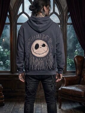 Dark Graphic Hoodie with Jack Skellington Pumpkin Design